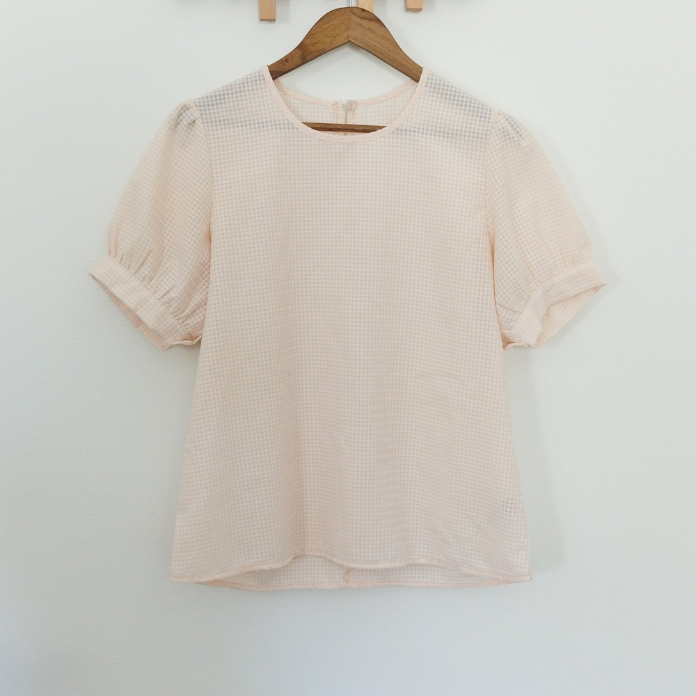 Niay Women Peach Gingham Puff Sleeve Blouse Textured Crew Neck Top Large